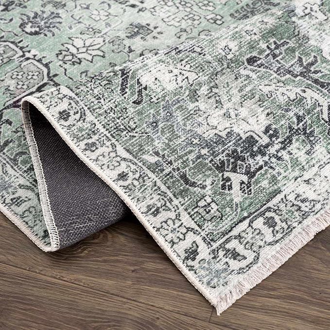 Hauteloom Wentworth Bohemian Vintage Medallion Area Rug - Farmhouse Oriental Carpet for Living Room, Bedroom - Machine Washable- Olive, Dark Green - 5' x 7'6"
