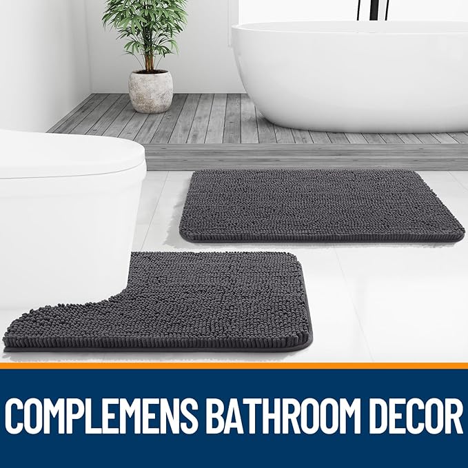 OLANLY Bathroom Rugs Sets 2 Piece, Soft Absorbent Chenille Bath Mats Area Rug Set, Non-Slip, Quick Dry, Machine Washable Bath Mats for Bathroom, Home Decor Accessories (47"x20"+24"x16", Dark Grey)