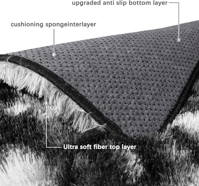 Black and White Area Rug for Bedroom 4x6, Ultra Soft Fluffy Shag Rugs, Modern Plush Indoor Carpet Non-Slip for Living Room Kids Room Nursery Dorm Home Decor