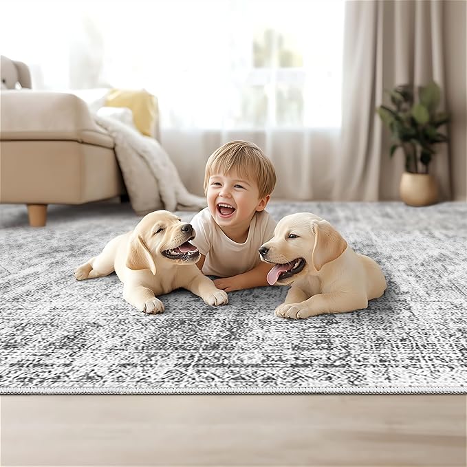 5x7 Area Rugs, Ultra-Thin Washable Rugs for Living Room, Anti-Slip Backing Area Rug for Bedroom, Soft Abstract Vintage Home Decor Rug for Dining Room(5'x7', Grey/Ivory)