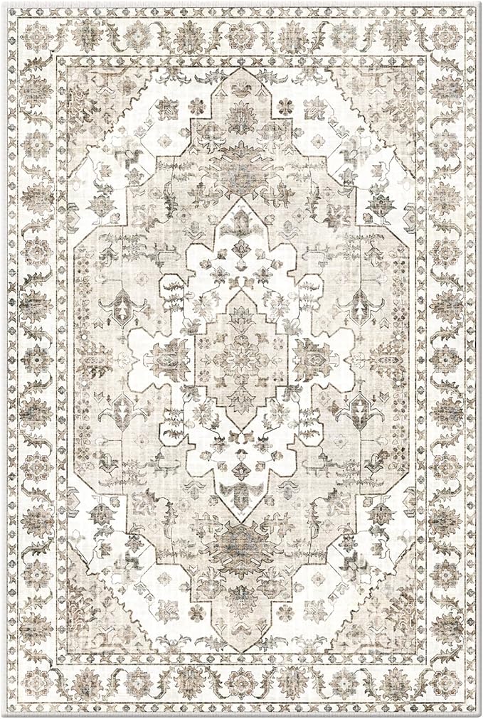 Area Rugs 5x7, Washable Rugs for Living Room, Non-Slip Rug, Boho Medallion Rug, Distressed Carpet, Low Pile Boho Rugs for Bedroom Dining Room