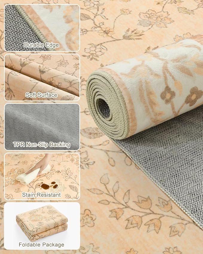 5x7 Washable Boho Area Rug for Living Room, Vintage Floral Non Slip Bedroom Rugs, Soft Low Pile Carpet for Kitchen Bathroom Farmhouse Nursery Kids Room Dining Room, Cinnamon Orange