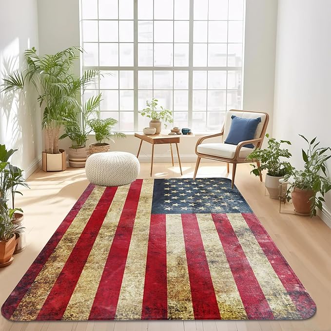 Vintage American Flag Area Rugs 5x7 Washable Area Rugs for Living Room Throw Large Bedroom Kitchen Rug Non-Slip Low-Plie Entryway Rug Floor Mat Carpet for Dining Laundry Room Office