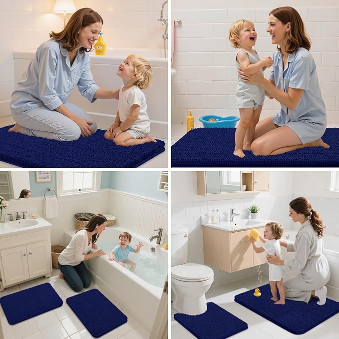 Arotive Bathroom Toilet Rugs U Shaped 24x24, Extra Soft Absorbent Shaggy Chenille Contour Bath Rugs for Toilet, Machine Washable Non-Slip Contoured Bath Mats, Navy