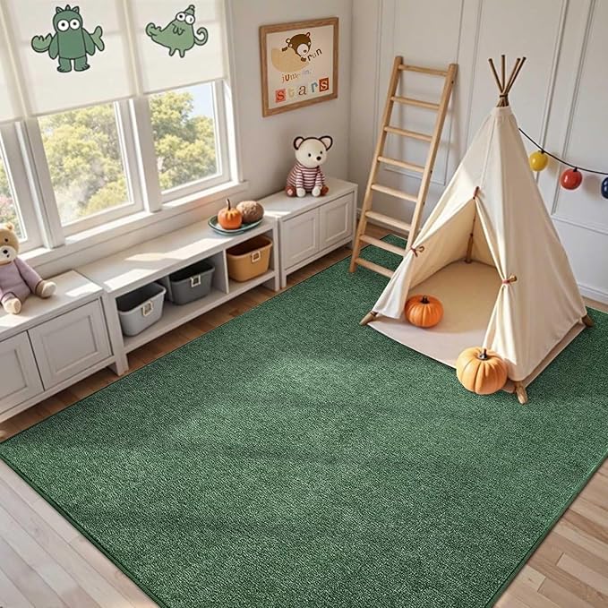 FinRèc 5x7 Washable Area Rugs for Bedroom Living Room, Low Pile Thin Rug Solid Color, Non-Slip Carpet Indoor for Home Decor (Green)