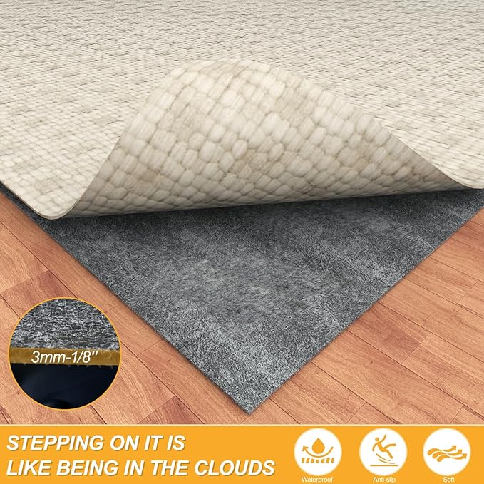 Non Slip Felt Rubber Rug Pad, Thick Felt Rug Pads for Hardwood Floors, Under Area Rugs Protective Cushion Pads for Carpet, Felt and Rubber Underpad for Home Place Surface Safe (Grey, 8' x 10')