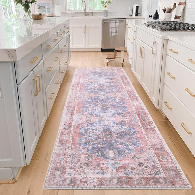2x3 Entryway Rug, Honeycomb Non Slip Indoor Door Mat, Washable Small Area Rug, Vintage Floral Pink Rug for Bedroom Kitchen Entryway Bathroom