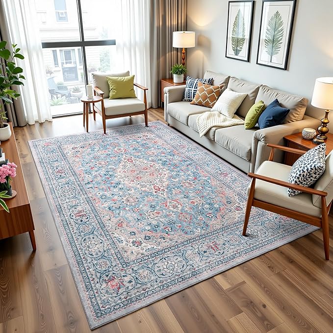 5x7 Blue Washable Boho Area Rug for Bedroom, Vintage Floral Non Slip Living Room Rugs, Soft Low Pile Indoor Mat, Aesthetic Pattern Carpet for Kitchen and Dining Room