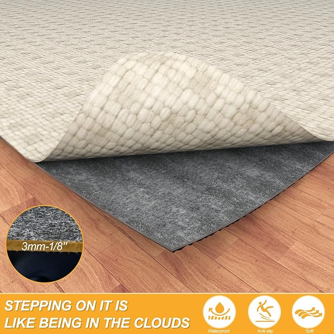 Non Slip Felt Rubber Rug Pad, Thick Felt Rug Pads for Hardwood Floors, Under Area Rugs Protective Cushion Pads for Carpet, Felt and Rubber Underpad for Home Place Surface Safe (Grey, 6' x 8')