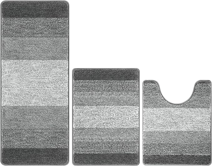 Pauwer Bathroom Rugs Sets 3 Piece Shower Rugs with U-Shaped Contour Toilet Mat Absorbent Microfiber Plush Bath Mats Non Slip Bath Rugs Machine Washable Shaggy Bathroom Floor Mats, Grey
