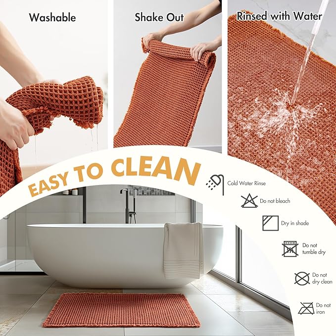 MIULEE Orange Set of 2 Waffle Bathroom Runner Rugs, Boho Bath Rug Non Slip Washable, Super Absorbent Runner Bath Mats, Rubber Backed Shower Mat for Hallway Bedroom Laundry Room, 2'x6'(24x72 Inch)