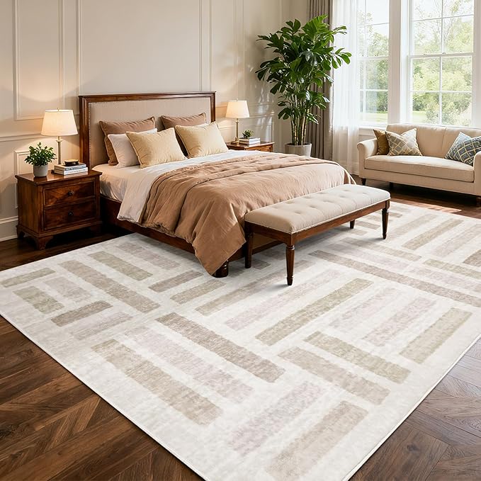 Washable Area Rugs,5x7ft Soft Rug for Living Room and Bedroom Vintage Striped Rug Stain Resistant with Non Slip Backing Geometric Checkered Foldable Print Mat for Home Decor