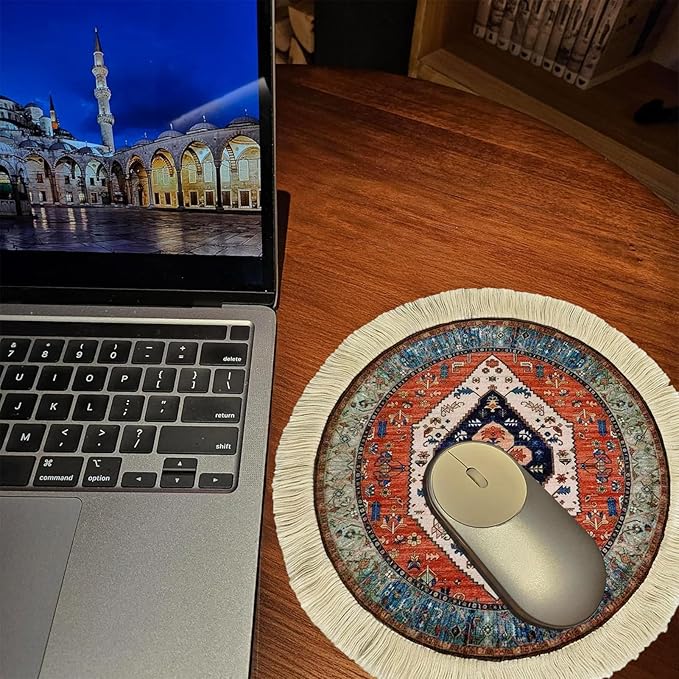 2Pcs Persian Style Carpet Mouse Pad Set – Vintage Bohemian Rug Desk Pads, Non-Slip Computer Mouse Mats with Fringed Edges, Rectangular & Round Designs, Elegant Decor for Home & Office Accessories