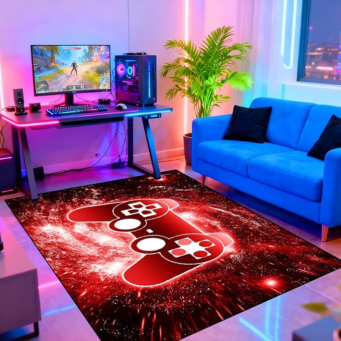 BATATADOCE Video Game Rug, 3D Printed Gamepad Controller Area Rugs for Bedroom Boys Living Room Red Large Cool Gamer Rugs Gaming Art Design Home Decor Crystal Doormat Yoga Mats, 70"x55"