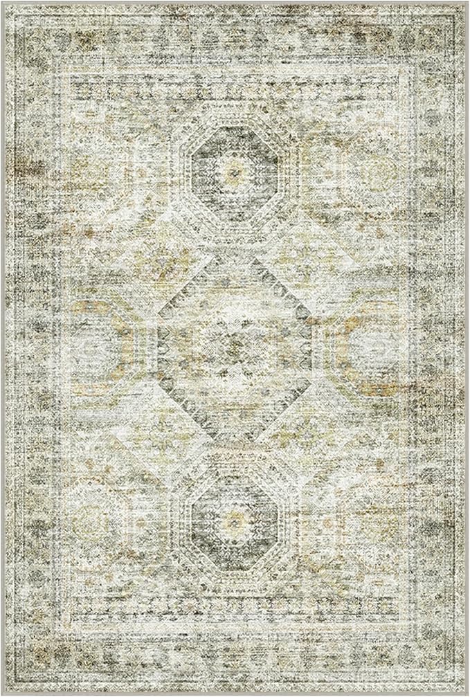 2x3 Washable Rug Runner for Bathroom, Soft Entryway Rug for Laundry Room, Kitchen, Vintage Abstract Hallway Runner for Bedroom, Anti-Slip Door Mat Indoor Entrance(2'x3', Grey/Yellow)