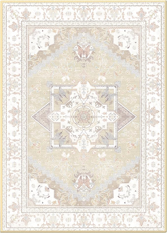 Area Rugs 5x7, Washable Rugs for Living Room, Non-Slip Rug, Boho Medallion Rug, Distressed Carpet, Low Pile Boho Rugs for Bedroom Dining Room