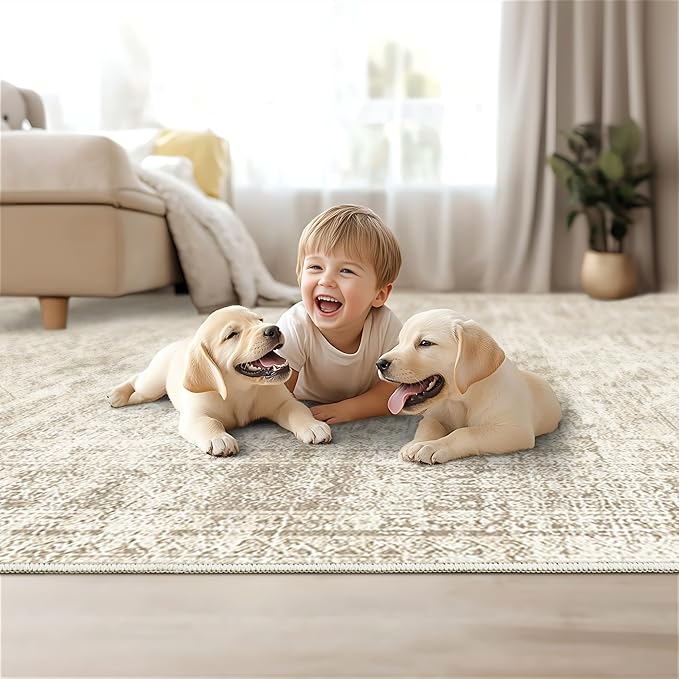 3x5 Washable Area Rug for Entryway, Soft Kitchen Rugs Non Slip for Dining Room, Vintage Abstract Living Room Rug, Thin Area Rugs Indoor for Bedroom, Kids Room Decor(3'x5', Beige/Ivory)