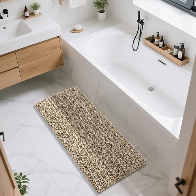 Yimobra Bathroom Runner Rug 55x24 Inch - Extra Long Non Slip Chenille Bath Mat, Soft & Absorbent, Machine Washable Shaggy Hallway Carpet for Vanity Tub Shower, Camel Home Decor Accessories