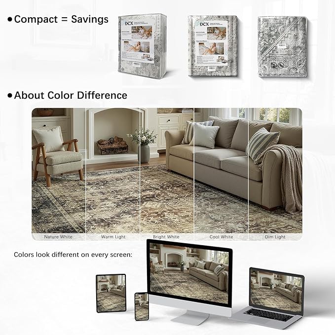 5x7 Washable Rug, Non Slip Rugs for Living Room, Bathroom, Dining Room, Modern Farmhouse Distressed Neutral Stain Resistant Rugs Low Pile Soft Brown Large Carpet Mat for High Traffic Areas