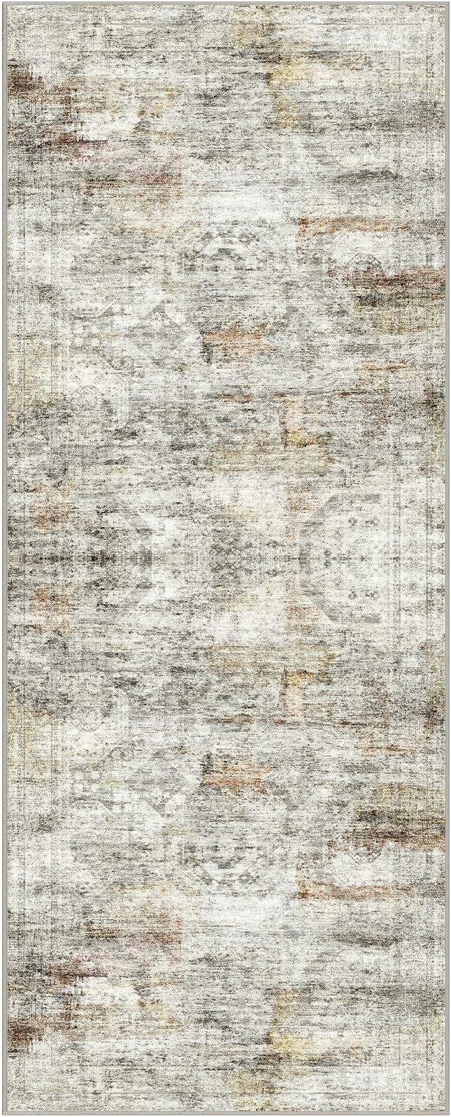 2x5 Rug Runner Washable for Entryway, Soft Bathroom Rugs with Non-Slop Backing, Abstract Low Pile Hallway Runner, Vintage Small Kitchen Carpet for Stair, Laundry Room(2'x5', Grey/Rust)