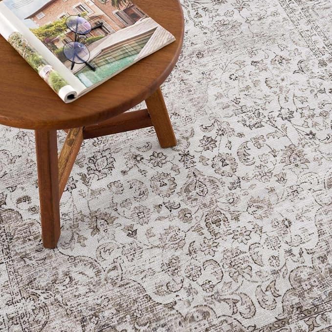 Hauteloom Ikatra Bohemian Vintage Medallion Area Rug - Farmhouse Oriental Carpet for Living Room, Bedroom - Machine Washable - Pearl, Dark Brown, Brown - 5' x 7'6"