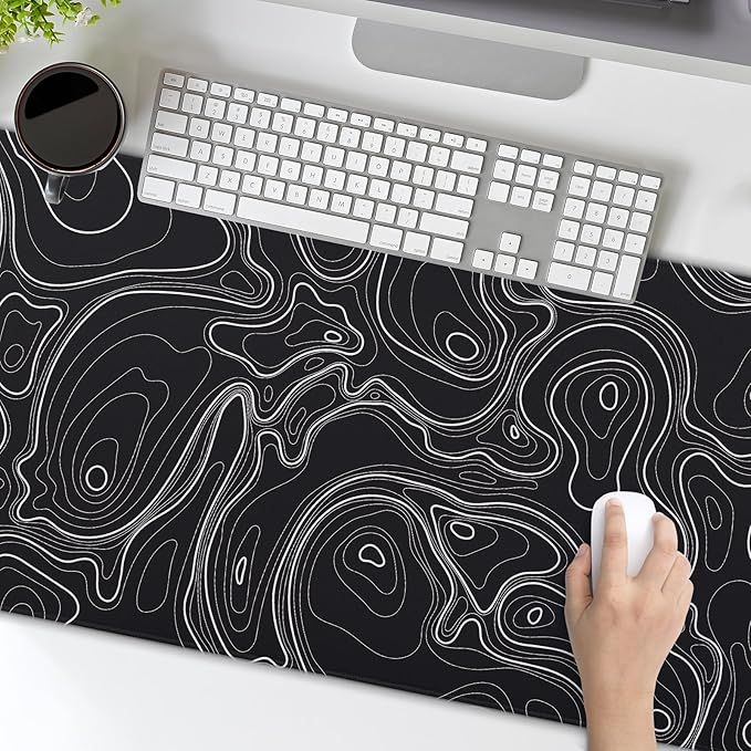 Topographic Map Black Gaming Mouse Pad XXL Minimalist Topo Geographic White Lines Extended Large Mousepad Desk Pad Non-Slip Rubber Base Stitched Edge Keyboard Pad Playmat for Computer,35.4×15.7 in