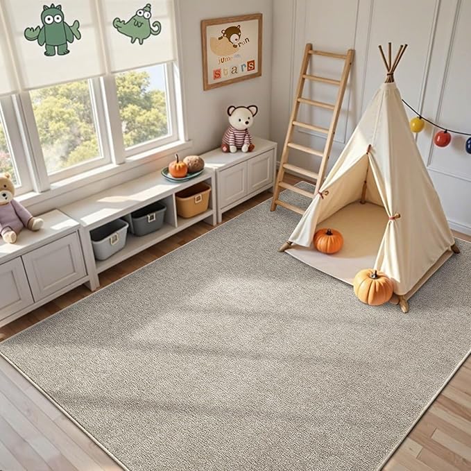 FinRèc 4x6 Washable Area Rugs for Bedroom Living Room, Low Pile Thin Rug Solid Color, Non-Slip Carpet Indoor for Home Decor (Light Tan)