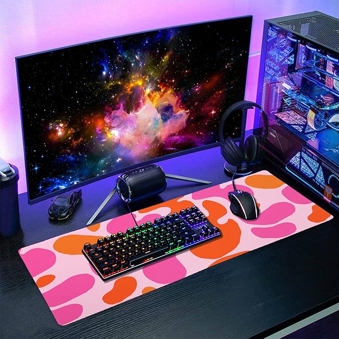 Pink Orange Cute Gaming Mouse Pad XL Kawani Preppy Abstract Modern Geographic Extended Large Desk Mat Mousepad Non-Slip Rubber Base Stitched Edge Long Desk Pad for Desktop Office PC,31.5×11.8 Inch