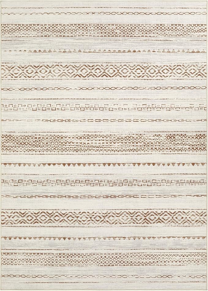 Area Rug Living Room Rugs - 9x12 Washable Boho Farmhouse Bohemian Neutral Large Moroccan Geometric Soft No Slip Indoor Thin Floor Carpet for Bedroom Under Dining Table Home Office - Square Brown