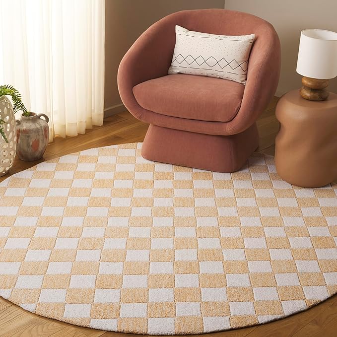 SAFAVIEH Ebony Collection Area Rug - 6' Round, Gold & Ivory, Handmade Wool, Checkered Pattern, Ideal for Living Room, Bedroom, Home Office, Dining Space (EBN175D-6R)