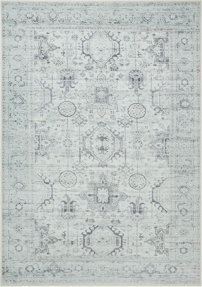 GLN Rugs Bohemian Collection - Machine Washable Area Rug, Bohemian Vintage, Non Slip, Low Pile Chenille Rug, Living Room, Bedroom, Bathroom Rug (4'x6' Beige and Gray)