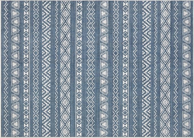 Area Rug Living Room Rugs - 5X7 Washable Boho Farmhouse Bohemian Neutral Large Moroccan Geometric Soft No Slip Indoor Thin Floor Carpet for Bedroom Under Dining Table Home Office -Blue