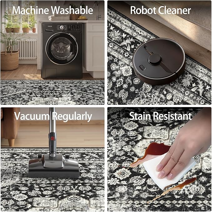 DCX Machine Washable Black Area Rug 5x7, Non Slip Stain Resistant Vintage Floral Rug for Living Room Bedroom Nursery, Soft Low Pile Large Carpet