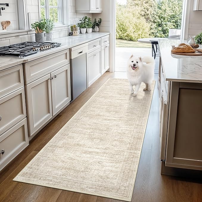 3x8 Runner Rug Non Slip Washable for Entryway, Vintage Hallway Runner for Front Porch, Laundry Room, Bedroom, Abstract Stain Resistant Thin Indoor Kitchen Mats for Floor(3'x8', Beige/Ivory)