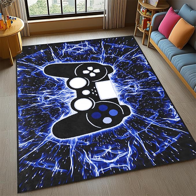 BATATADOCE Game Controller Gaming Rugs Art Abstract Background Open Space Gamer Rug Hyperspace Home Decoration for Teen Boys Game Style Bedroom Living Playing Room Black Blue