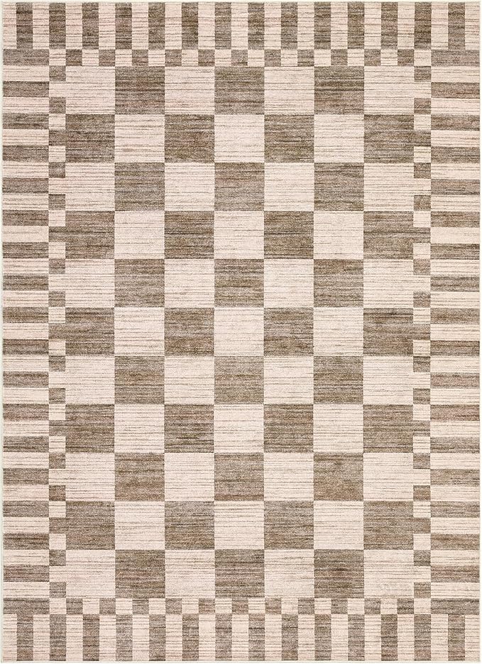 GarveeHome Brown Checkered Rug 6×9 Area Rugs for Living Room,Non-Slip Geometric Tan Brown Print Washable Rug Soft Low-Pile,Neutral Modern Checkerboard Farmhouse Rugs for Bedroom Dining Room