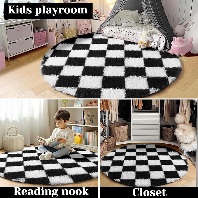 KICMOR Round Rugs 7ft Black and White Circle Area Rug, Fluffy Soft Large Fuzzy Shag Shaggy Bedroom Living Room Carpet, Indoor Checkered Circular Rug for Kids Boys Girls Home Decor Aesthetic, Nursery