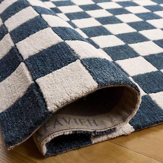SAFAVIEH Ebony Collection Area Rug - 6' Square, Blue & Ivory, Handmade Wool, Checkered Design, Ideal for Living Room, Bedroom, Dining Space (EBN175M)