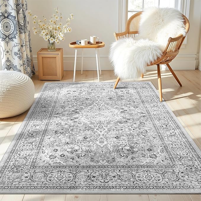 4x6 Grey Washable Boho Area Rug for Bedroom, Vintage Floral Non Slip Living Room Rugs, Soft Low Pile Indoor Mat, Aesthetic Pattern Carpet for Kitchen, Dining Room and Bedside