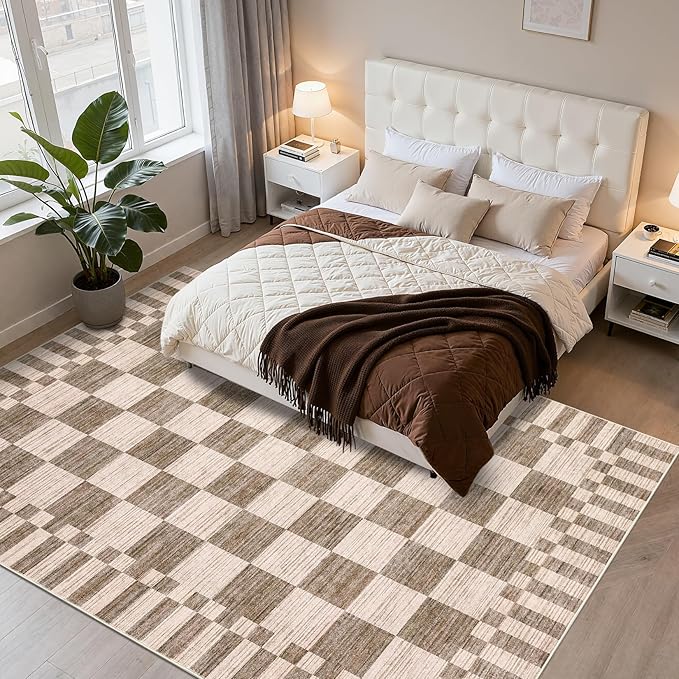 GarveeHome Brown Checkered Rug 5×7 Area Rugs for Living Room,Geometric Tan Brown Print Non-Slip Washable Rug Soft Low-Pile, Neutral Modern Farmhouse Rugs for Bedroom Dining Room Office