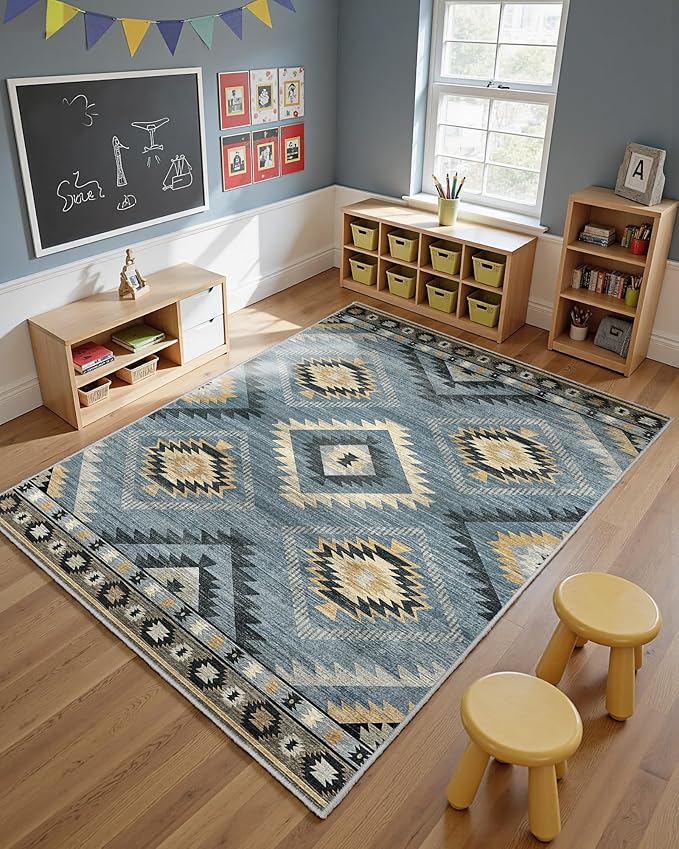Area Rug 5x7 Rug Machine Washable Rug Non-Slip Low Pile Print Pattern Western Rug for Living Room Bedroom Entryway Tribal Series -Navy/Grey