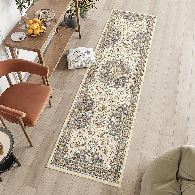 Dripex Kitchen Runner Rug-2x6 Washable Distressed Hallway Runner Oriental Medallion Carpet Non-Slip Non-Shedding Laundry Mat Foldable Thin Entry Throw Area Rug for Living Room Bedroom