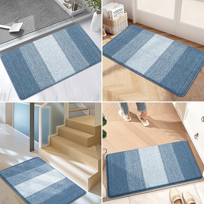 Kitinjoy Indoor Outdoor Door Mat, 47x20 Non-Slip Absorbent Dirt Trapper, Low-Profile Washable Inside Entrance Front Floor Mat, Sturdy Soft Entry Doormats for Entryway, Light Blue