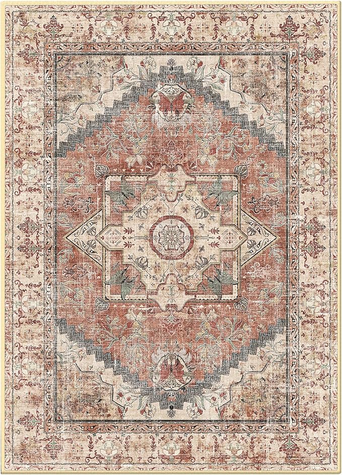 Area Rugs 5x7, Washable Rugs for Living Room, Non-Slip Rug, Boho Medallion Rug, Distressed Carpet, Low Pile Boho Rugs for Bedroom Dining Room