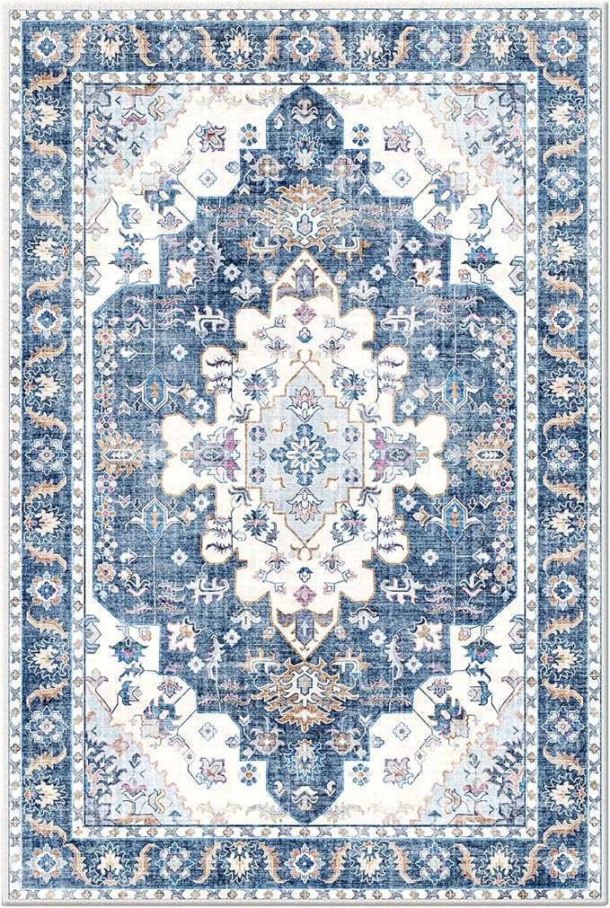 Area Rugs 5x7, Washable Rugs for Living Room, Non-Slip Rug, Boho Medallion Rug, Distressed Carpet, Low Pile Boho Rugs for Bedroom Dining Room