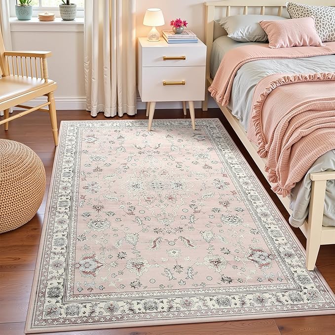 4x6 Light Pink Washable Boho Area Rug for Living Room, Vintage Floral Non Slip Bedroom Rugs, Wool Low Pile Indoor Mat, Aesthetic Pattern Carpet for Kitchen, Office and Bedside