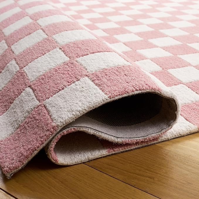 SAFAVIEH Ebony Collection Runner Rug - 2'3" x 8', Pink & Ivory, Handmade Wool, Checkered Pattern, Ideal for Living Room, Hallway, Foyer, Bedroom (EBN175U-28)