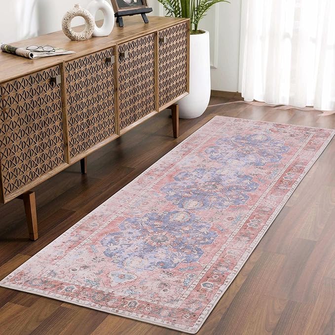 Hallway Runner Rug, 2x8 Vintage Pink Area Rug, Honeycomb Non Slip Kitchen Runner Rugs, Washable Soft Faux Wool Rug for Hallways Entryway Kitchen Laundry Bedroom