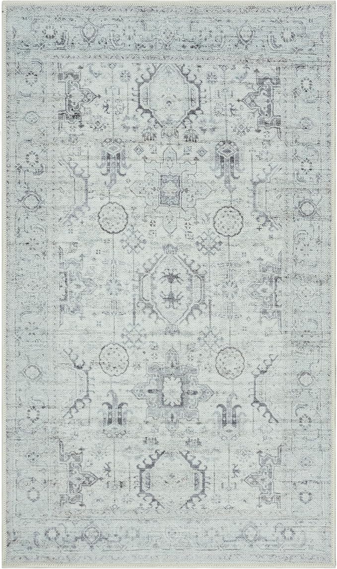 GLN Rugs Bohemian Collection - Machine Washable Area Rug, Bohemian Vintage, Non Slip, Low Pile Chenille Rug, Living Room, Bedroom, Bathroom Rug (2'6"x7' Beige and Gray)