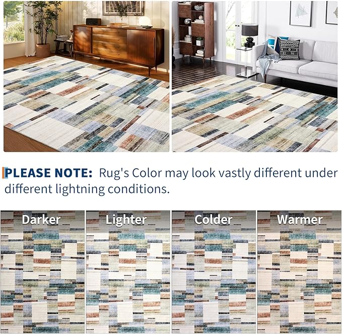 Washable Rug 10x13 Area Rug for Bedroom Farmhouse Geometric Living Room Rug Non Slip Large Area Rug Low Pile Throw Rugs Stain Resistant Carpet for Dining Room Multi 10'x13'